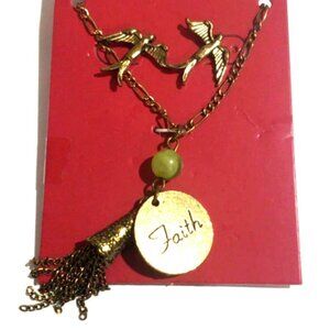 Gold-Tone "Faith" Pendant Necklace Bead Tassel Charm & Earrings Women's Jewelry